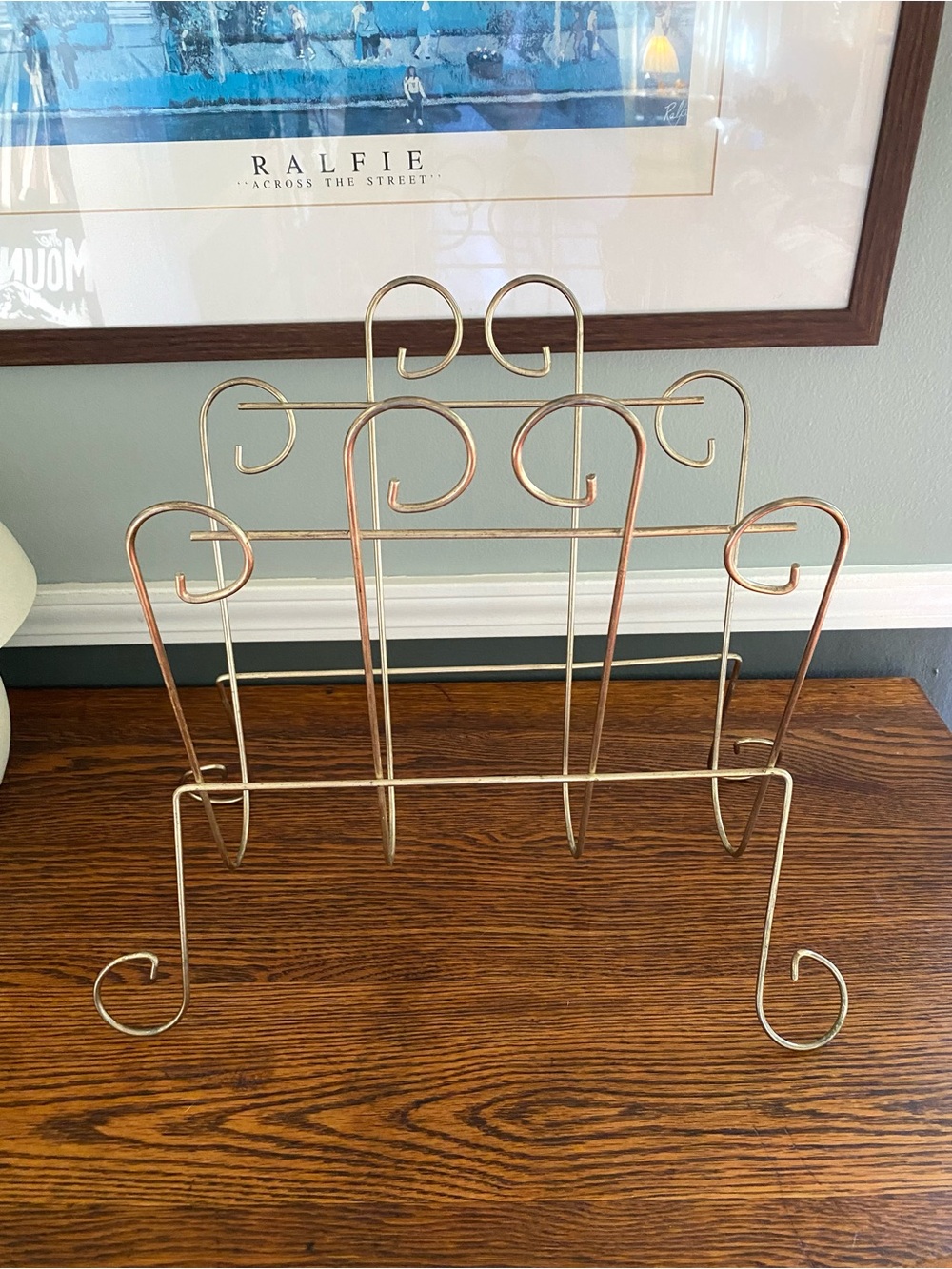 Vintage Mid Century Gold Tone Metal Scroll Magazine Holder Record Rack
